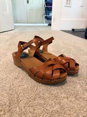 Swedish Hasbeens Cognac Brown Leather Woven Ankle-Strap Sandals